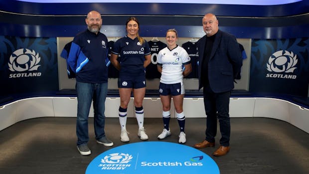 (L-R): Chris O’Shea, Centrica CEO; Emma Wassell and Chloe Rollie, Scotland women’s national rugby union international; Mark Dodson, Scottish Rugby CEO (Photo: Scottish Rugby/SNS)
