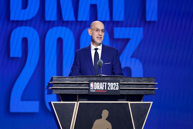 NBA commissioner Adam Silver speaks during the first round of the 2023 NBA Draft. (Photo by Sarah Stier/Getty Images)