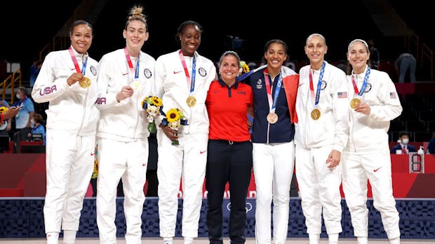 Team United States featuring Napheesa Collier (far left) and Breanna Stewart (second left) at the 2020 Tokyo Olympic games. (Gregory Shamus/Getty Images)