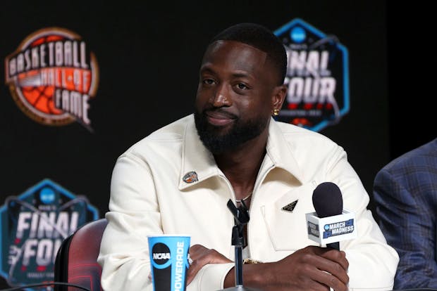 Dwyane Wade reacts during the 2023 Naismith Hall of Fame Press Conference at NRG Stadium on April 01, 2023 in Houston, Texas. (Photo by Mike Lawrie/Getty Images)