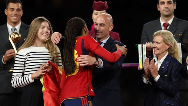 SYDNEY, AUSTRALIA - AUGUST 20: Luis Rubiales, President of the Royal Spanish Federation greets Salma Paralluelo of Spain after the FIFA Women's World Cup Australia & New Zealand 2023 Final match between Spain and England at Stadium Australia on August 20, 2023 in Sydney, Australia. (Photo by