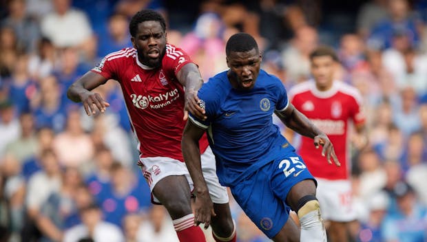 ONDON, ENGLAND - SEPTEMBER 02: Moisés Caicedo of Chelsea FC and Orel Mangala of Nottingham Forest during the Premier League match between Chelsea FC and Nottingham Forest at Stamford Bridge on September 02, 2023 in London, England. (Photo by