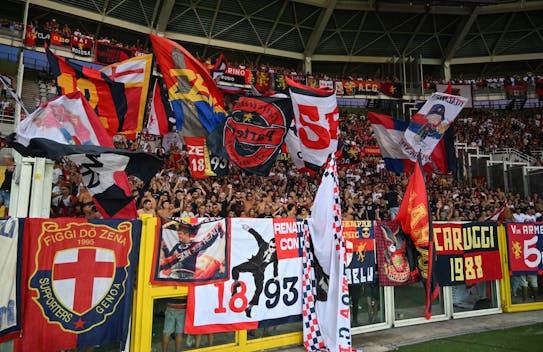 TURIN, ITALY - SEPTEMBER 3: Fans of Genoa CFC during the Serie A TIM match between Torino FC and Genoa CFC at Stadio Olimpico di Torino on September 3, 2023 in Turin, Italy. (Photo by