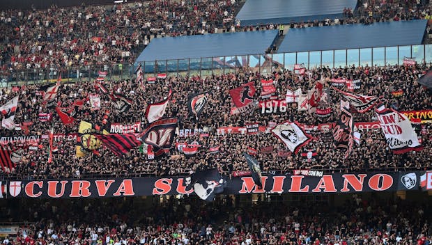 MILAN, ITALY - SEPTEMBER 30: General view of AC Milan fans during the Serie A TIM match between AC Milan and SS Lazio at Stadio Giuseppe Meazza on September 30, 2023 in Milan, Italy. (Photo by Stefano Guidi/Getty Images)