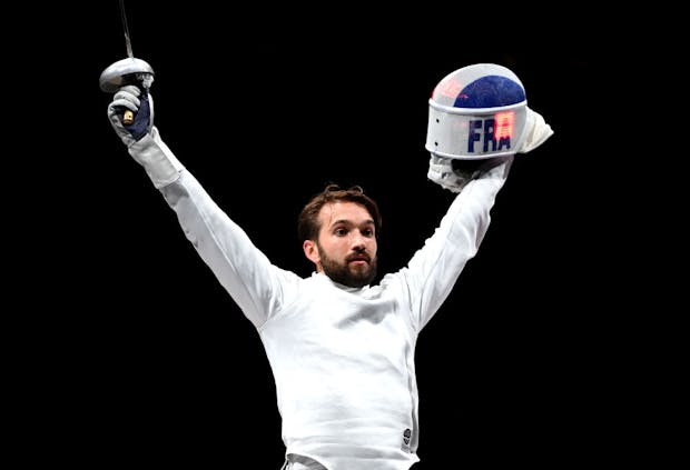 Romain Cannone of Team France celebrates after winning the Men's Épée Individual Fencing gold medal at the Tokyo 2020 Olympic Games (Matthias Hangst/Getty Images,)