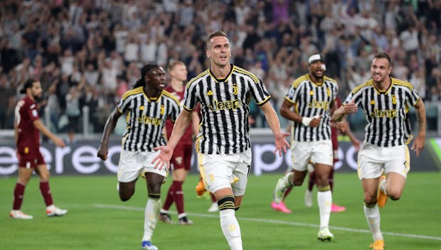TURIN, ITALY - OCTOBER 07: Arkadiusz Milik of Juventus celebrates with team mates after scoring to give the side a 2-0 lead during the Serie A TIM match between Juventus and Torino FC at Allianz Stadium on October 07, 2023 in Turin, Italy. (Photo by
