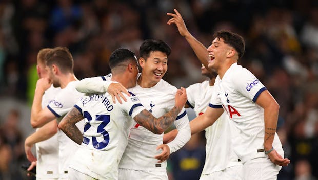 LONDON, ENGLAND - SEPTEMBER 30: Son Heung-min of Tottenham Hotspur celebrates the win with Pedro Porro and Alejo Veliz at full time during the Premier League match between Tottenham Hotspur and Liverpool FC at Tottenham Hotspur Stadium on September 30, 2023 in London, England. (Photo by