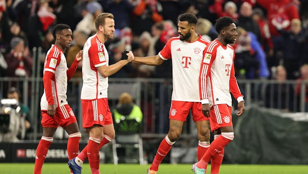MUNICH, GERMANY - NOVEMBER 11: Eric Maxim Choupo-Moting of FC Bayern München celebrates with teammates after scoring his teams fourth goal during the Bundesliga match between FC Bayern München and 1. FC Heidenheim 1846 at Allianz Arena on November 11, 2023 in Munich, Germany. (Photo by