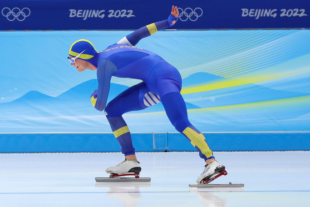 Nils van der Poel of Team Sweden skates his way to a new world record time and a gold medal during speed skating's men's 10,000m at the Beijing 2022 Winter Olympic Games