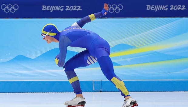 Nils van der Poel of Team Sweden skates his way to a new world record time and a gold medal during speed skating's men's 10,000m at the Beijing 2022 Winter Olympic Games