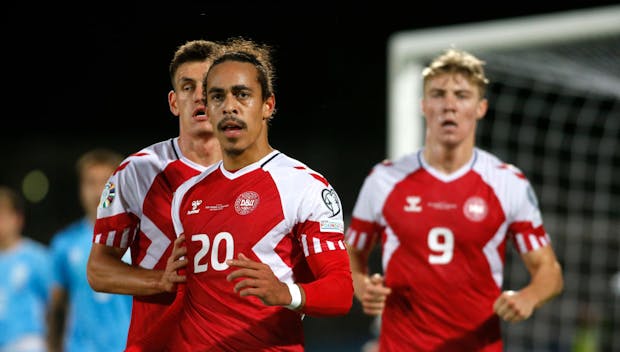 Yussuf Poulsen of Denmark celebrates after scoring during the Uefa Euro 2024 qualifier versus San Marino on October 17, 2023