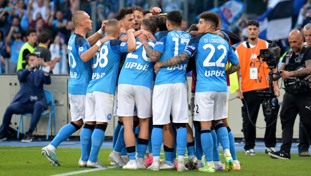 NAPLES, ITALY - MAY 7: Victor Osimhen of SSC Napoli celebrates with team mates after scoring his goal ,during the Serie A match between SSC Napoli and ACF Fiorentina at Stadio Diego Armando Maradona on May 7, 2023 in Naples, Italy. (Photo by