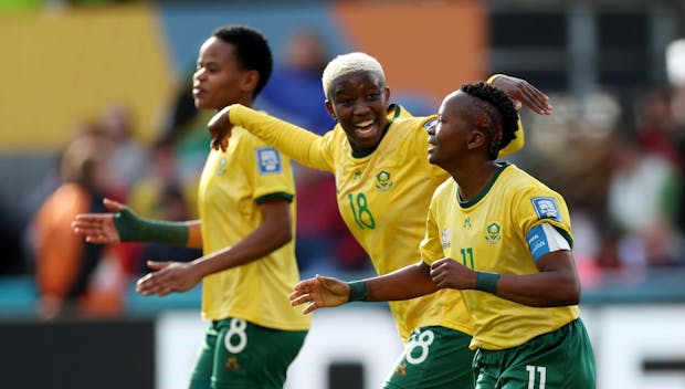 DUNEDIN, NEW ZEALAND - JULY 28: Thembi Kgatlana (R) of South Africa celebrates with teammate Sibulele Holweni (C) after scoring her team's second goal during the FIFA Women's World Cup Australia & New Zealand 2023 Group G match between Argentina and South Africa at Dunedin Stadium on July 28, 2023 in Dunedin, New Zealand. (Photo by