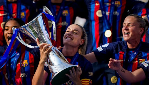 EINDHOVEN, NETHERLANDS - JUNE 3: Alexia Putellas of FC Barcelona lifts up the UEFA Women's Champions League trophy after the UEFA Women's Champions League Final match between FC Barcelona and VfL Wolfsburg at the PSV Stadion on June 3, 2023 in Eindhoven, Netherlands (Photo by