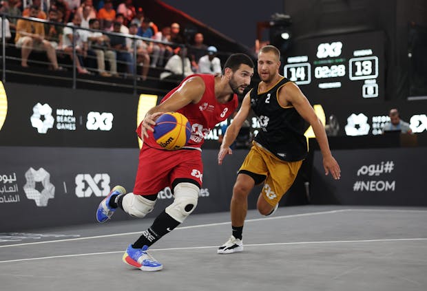 Quarterfinal 4 match between Hangzhou and Kandava Turiba in the NEOM FIBA 3x3 Challenger at the NEOM Beach Games 2023 (Photo by Joern Pollex/Getty Images for NEOM Beach Games 2023)