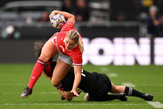 Carys Williams-Morris of Wales carries the ball against the Black Ferns in Dunedin, New Zealand in October 2023. (Photo by