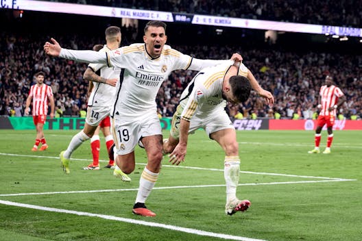 MADRID, SPAIN - JANUARY 21: Daniel Carvajal of Real Madrid celebrates after scoring their side's third goal with his teammate Daniel Ceballos of Real Madrid during the LaLiga EA Sports match between Real Madrid CF and UD Almeria at Estadio Santiago Bernabeu on January 21, 2024 in Madrid, Spain. (Photo by