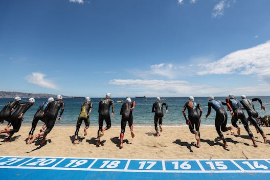 VIÑA DEL MAR, CHILE - NOVEMBER 02: Athletes on the swim course compete in the Men's Triathlon at Playa El Sol on Day 13 of Santiago 2023 Pan Am Games on November 02, 2023 in Viña del Mar, Chile. (Photo by