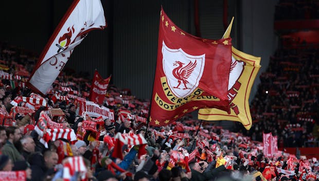 LIVERPOOL, ENGLAND - FEBRUARY 28: Fans of Liverpool show their support during the Emirates FA Cup Fifth Round match between Liverpool and Southampton at Anfield on February 28, 2024 in Liverpool, England. (Photo by Alex Livesey - Danehouse/Getty Images)