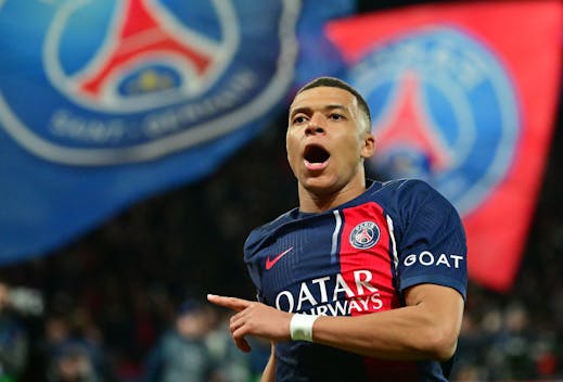 PARIS, FRANCE - FEBRUARY 14Kylian Mbappe of PSG celebrates after scoring his team's first goal during the UEFA Champions League 2023/24 round of 16 first leg match between Paris Saint-Germain and Real Sociedad at Parc des Princes on February 14, 2024 in Paris, France. (Photo by Christian Liewig - Corbis/Getty Images)