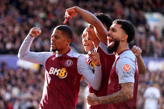 BIRMINGHAM, ENGLAND - FEBRUARY 24: Ollie Watkins of Aston Villa celebrates scoring his team's first goal with teammates Leon Bailey and Douglas Luiz during the Premier League match between Aston Villa and Nottingham Forest at Villa Park on February 24, 2024 in Birmingham, England. (Photo by Catherine Ivill/Getty Images)