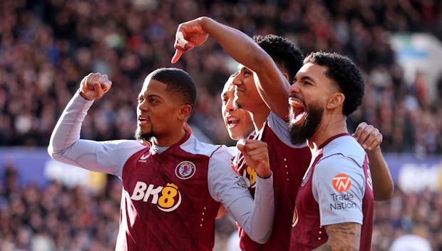 BIRMINGHAM, ENGLAND - FEBRUARY 24: Ollie Watkins of Aston Villa celebrates scoring his team's first goal with teammates Leon Bailey and Douglas Luiz during the Premier League match between Aston Villa and Nottingham Forest at Villa Park on February 24, 2024 in Birmingham, England. (Photo by Catherine Ivill/Getty Images)