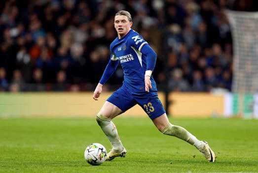 LONDON, ENGLAND - FEBRUARY 25: Conor Gallagher of Chelsea on the ball during the Carabao Cup Final match between Chelsea and Liverpool at Wembley Stadium on February 25, 2024 in London, England. (Photo by Nigel French/Sportsphoto/Allstar via Getty Images)