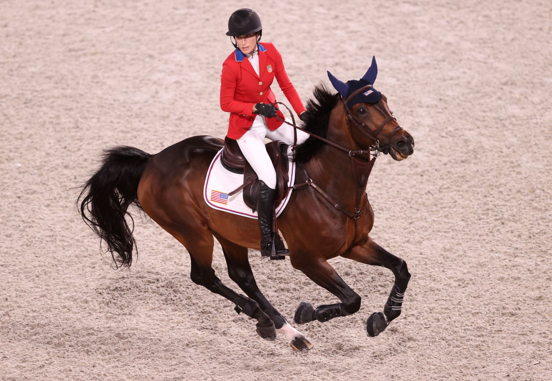 TOKYO, JAPAN - AUGUST 07: Jessica Springsteen of Team United States riding Don Juan Van de Donkhoeve competes in the Jumping Team Final at Equestrian Park on August 07, 2021 in Tokyo, Japan. (Photo by Julian Finney/Getty Images)