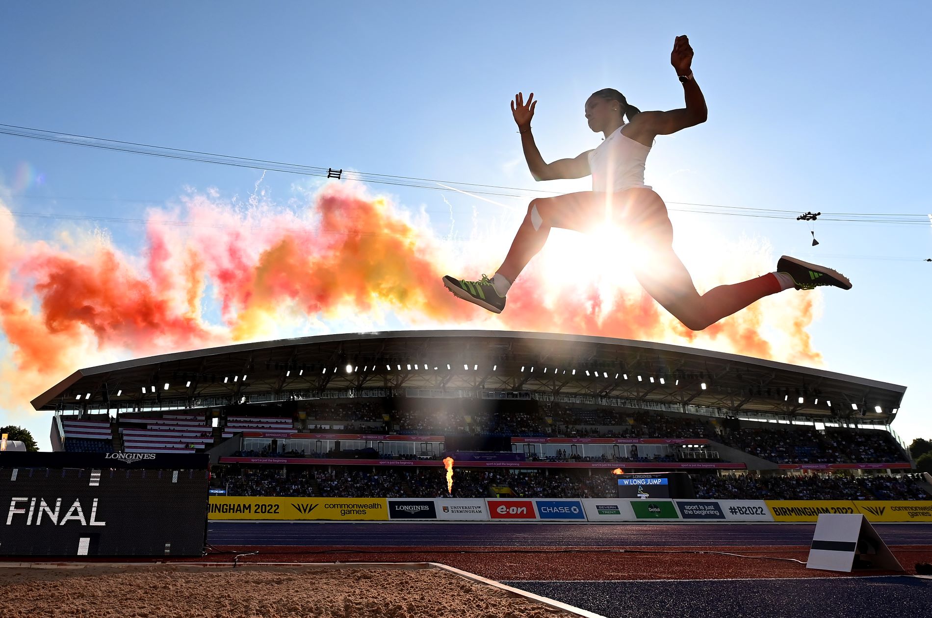 BIRMINGHAM, ENGLAND - AUGUST 07: Abigail Irozuru of Team England takes part in a practice jump for the Women's Long Jump Final during Athletics Track & Field on day ten of the Birmingham 2022 Commonwealth Games at Alexander Stadium on August 07, 2022 on the Birmingham, England. (Photo by David Ramos/Getty Images)