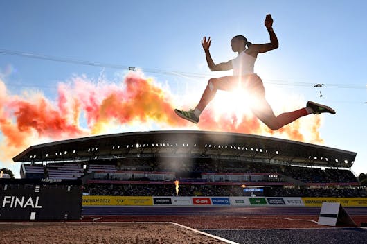 BIRMINGHAM, ENGLAND - AUGUST 07: Abigail Irozuru of Team England takes part in a practice jump for the Women's Long Jump Final during Athletics Track & Field on day ten of the Birmingham 2022 Commonwealth Games at Alexander Stadium on August 07, 2022 on the Birmingham, England. (Photo by David Ramos/Getty Images)