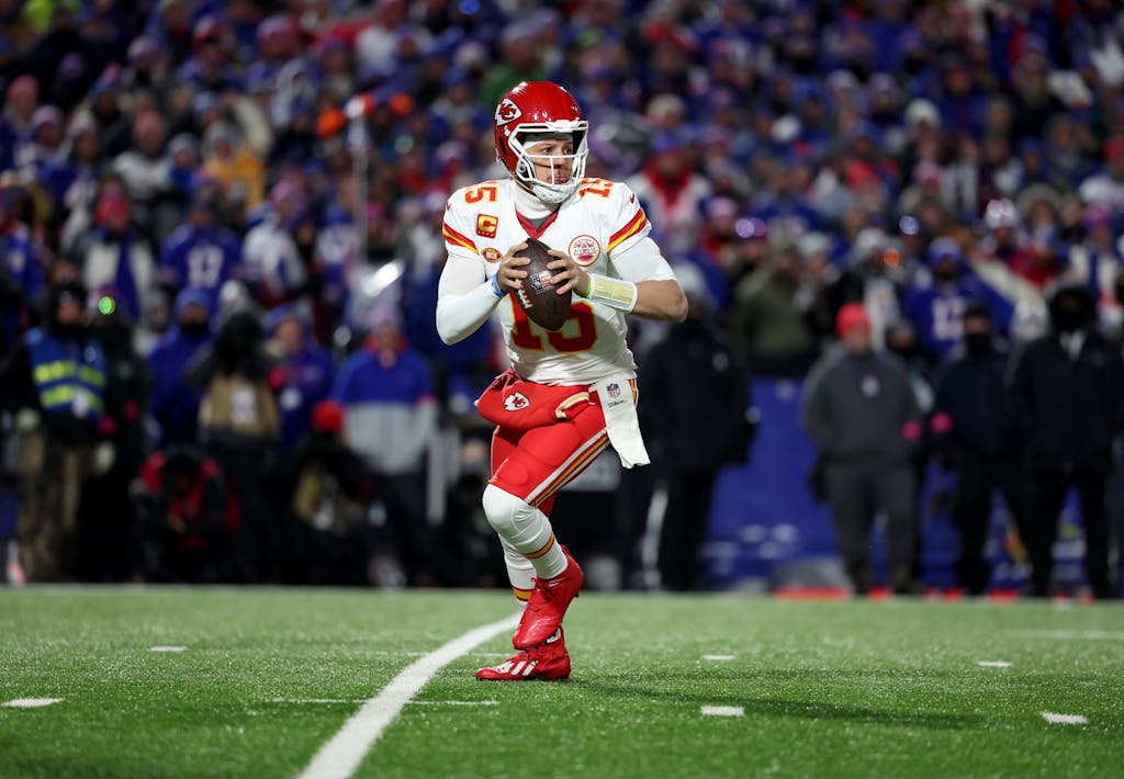 ORCHARD PARK, NEW YORK - JANUARY 21: Patrick Mahomes #15 of the Kansas City Chiefs in action against the Buffalo Bills during their AFC Divisional Playoff game at Highmark Stadium on January 21, 2024 in Orchard Park, New York. (Photo by Al Bello/Getty Images)