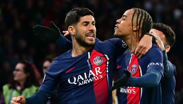 PARIS, FRANCE - APRIL 21: Bradley Barcola of PSG and Marco Asensio of PSG celebrate a goal during the Ligue 1 Uber Eats match between Paris Saint-Germain and Olympique Lyon at Parc des Princes on April 21, 2024 in Paris, France.(Photo by Christian Liewig - Corbis/Getty Images)