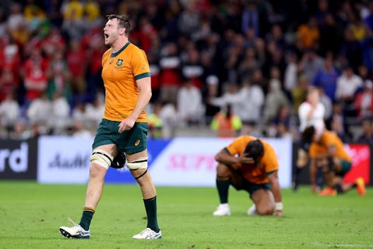 LYON, FRANCE - SEPTEMBER 24: Nick Frost of Australia reacts after their sides loss at full-time following the Rugby World Cup France 2023 match between Wales and Australia at Parc Olympique on September 24, 2023 in Lyon, France. (Photo by Alex Livesey/Getty Images)