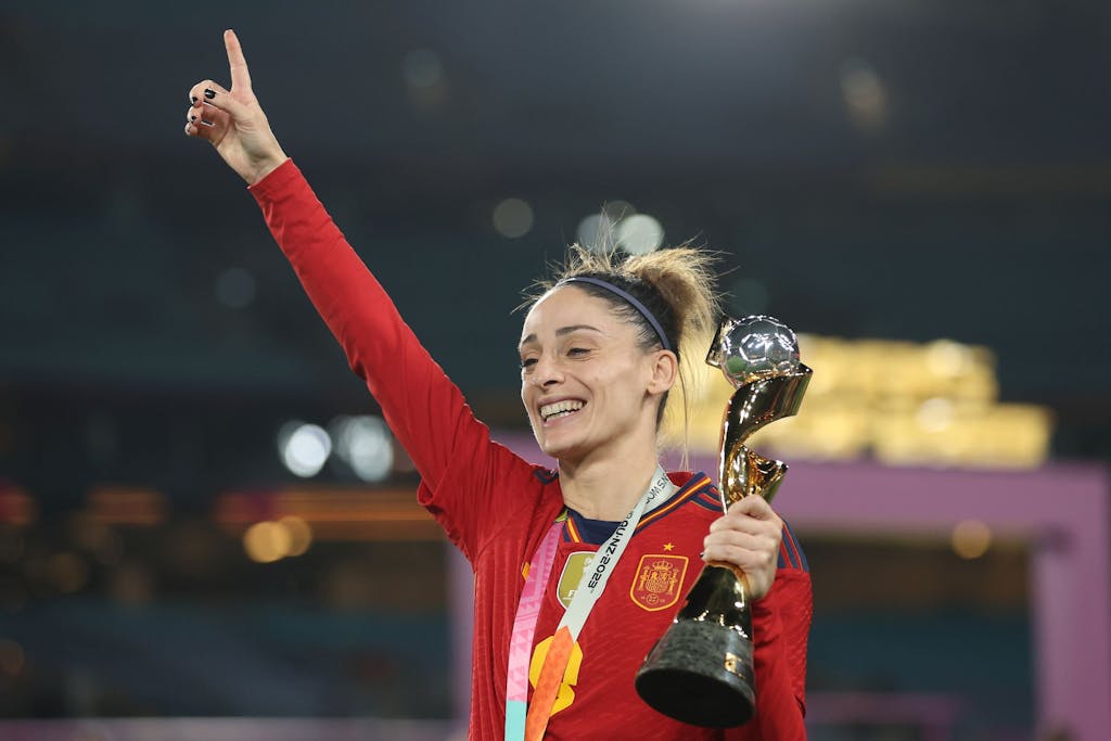 SYDNEY, AUSTRALIA - AUGUST 20: Esther Gonzalez of Spain celebrates with the FIFA Women's World Cup Trophy after the team's victory in the FIFA Women's World Cup Australia & New Zealand 2023 Final match between Spain and England at Stadium Australia on August 20, 2023 in Sydney / Gadigal, Australia. (Photo by Robert Cianflone/Getty Images)
