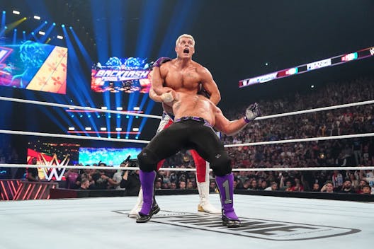 LYON, FRANCE - MAY 04: Cody Rhodes sets up Cross Rhodes on AJ Styles during Backlash France at LDLC Arena on May 4, 2024 in Lyon, France. (Photo by WWE/Getty Images)