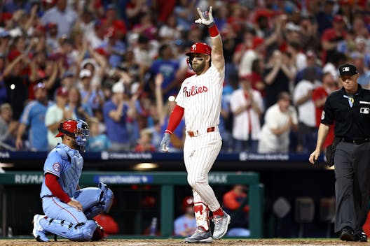PHILADELPHIA, PENNSYLVANIA - JUNE 01: Bryce Harper #3 of the Philadelphia Phillies reacts after hitting a two run home run during the seventh inning against the St. Louis Cardinals at Citizens Bank Park on June 01, 2024 in Philadelphia, Pennsylvania. (Photo by Tim Nwachukwu/Getty Images)
