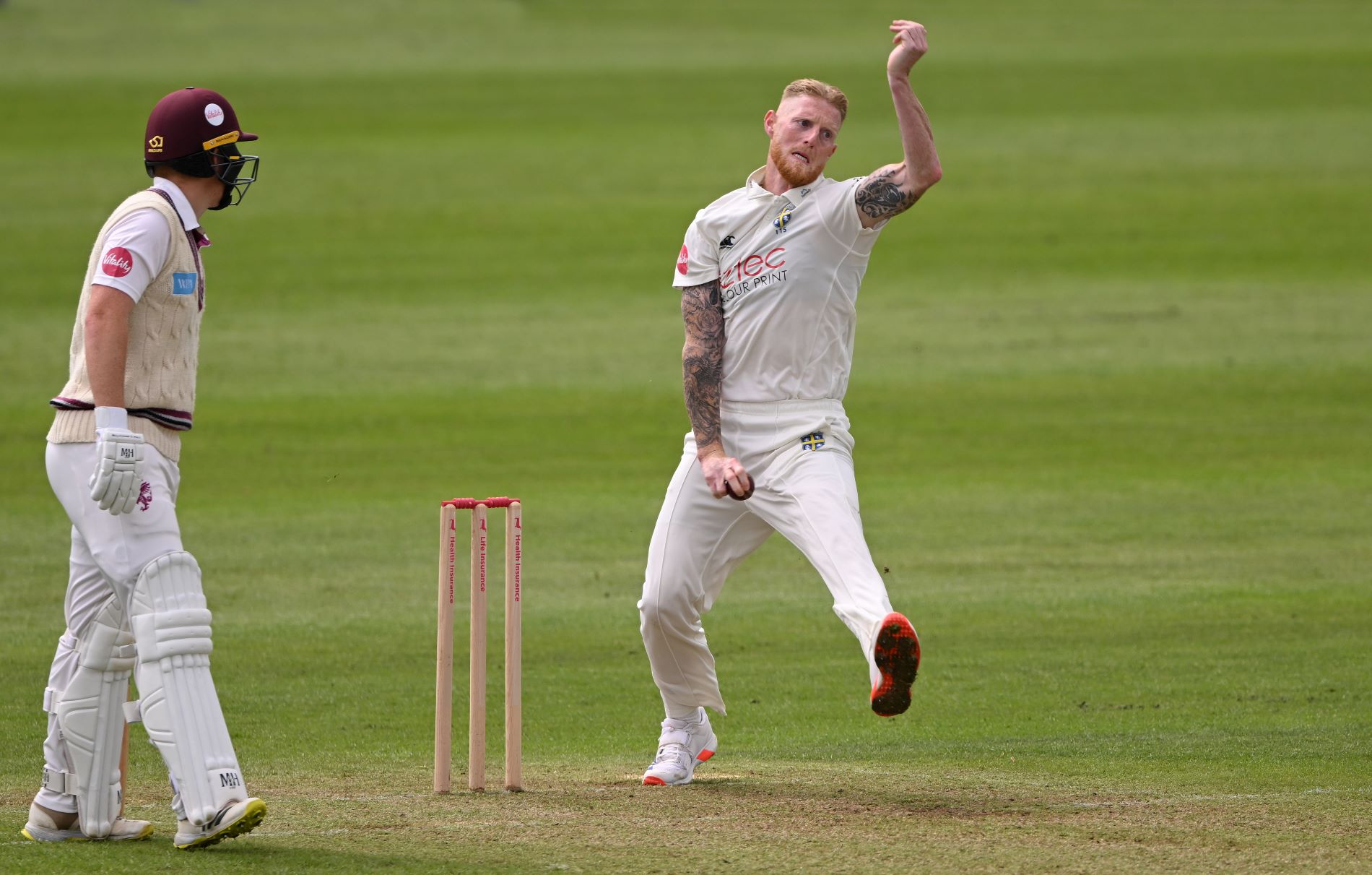 CHESTER-LE-STREET, ENGLAND - MAY 24: Durham bowler Ben Stokes in bowling action during day one of the Vitality County Championship match between Durham and Somerset at Seat Unique Riverside on May 24, 2024 in Chester-le-Street, England. (Photo by Stu Forster/Getty Images)