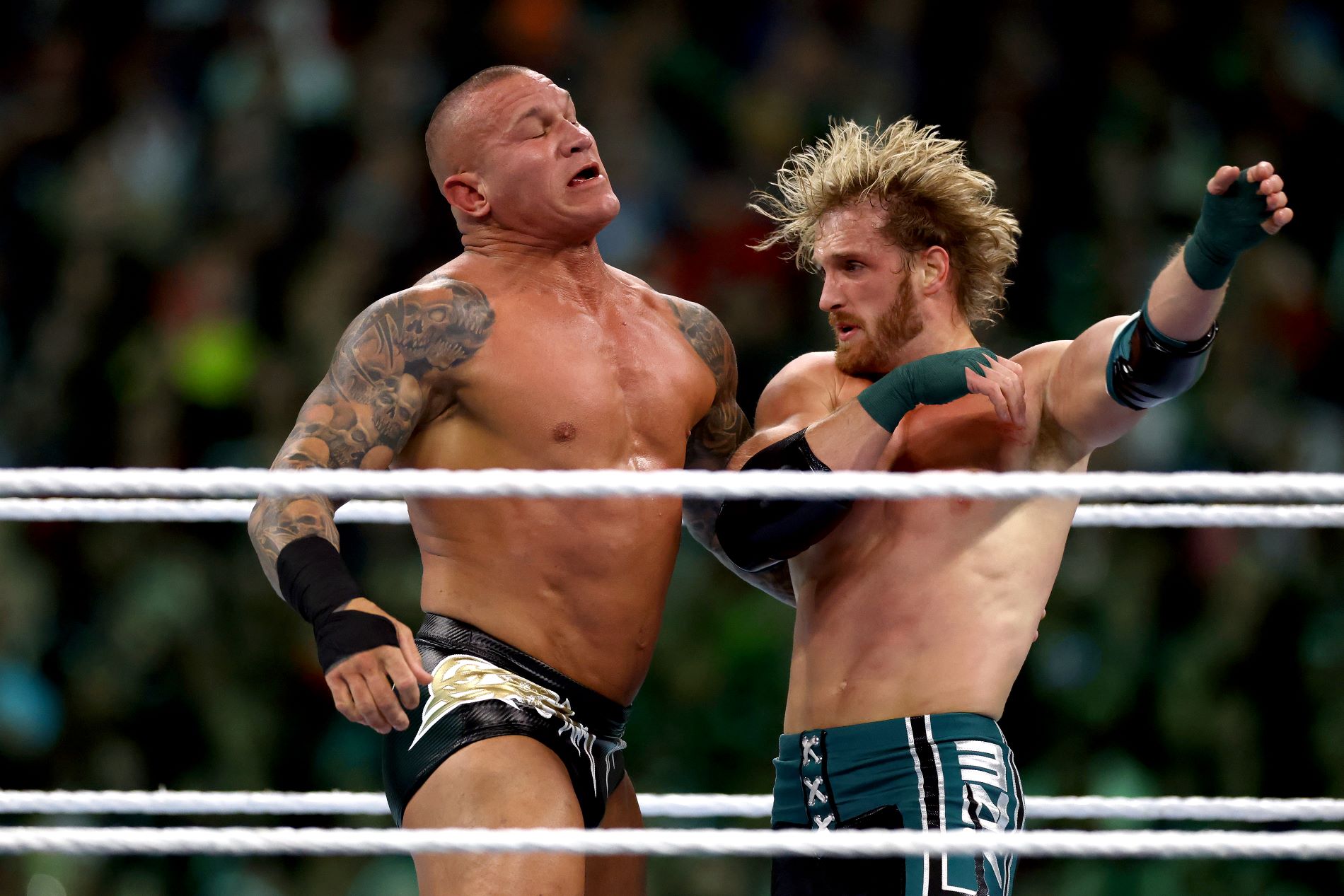 PHILADELPHIA, PENNSYLVANIA - APRIL 07: Logan Paul and Randy Orton fight during Night Two at Lincoln Financial Field on April 07, 2024 in Philadelphia, Pennsylvania. (Photo by Tim Nwachukwu/Getty Images)