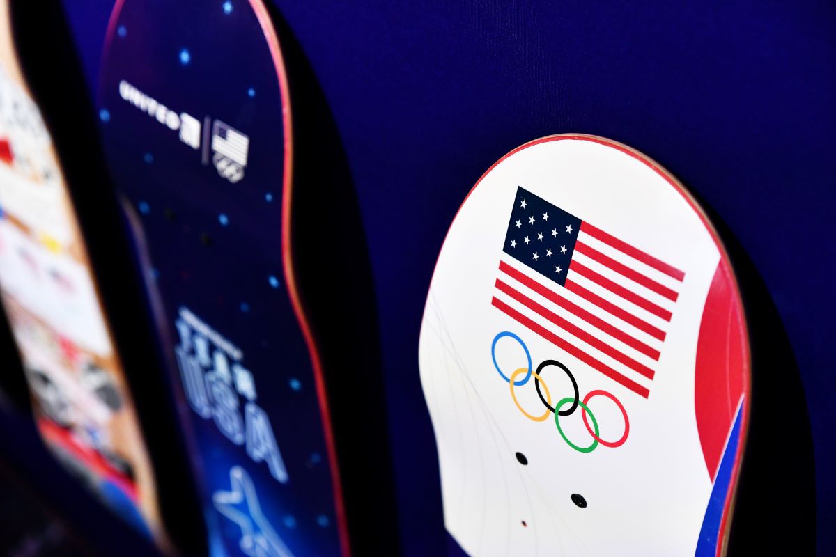 ORLANDO, FLORIDA - JULY 30: A detail view of the skateboard wall at the Tokyo 2020 Olympic Games Experience and Viewing Party at Loews Sapphire Falls Resort at Universal Orlando on July 30, 2021 in Orlando, Florida. (Photo by Julio Aguilar/Getty Images)