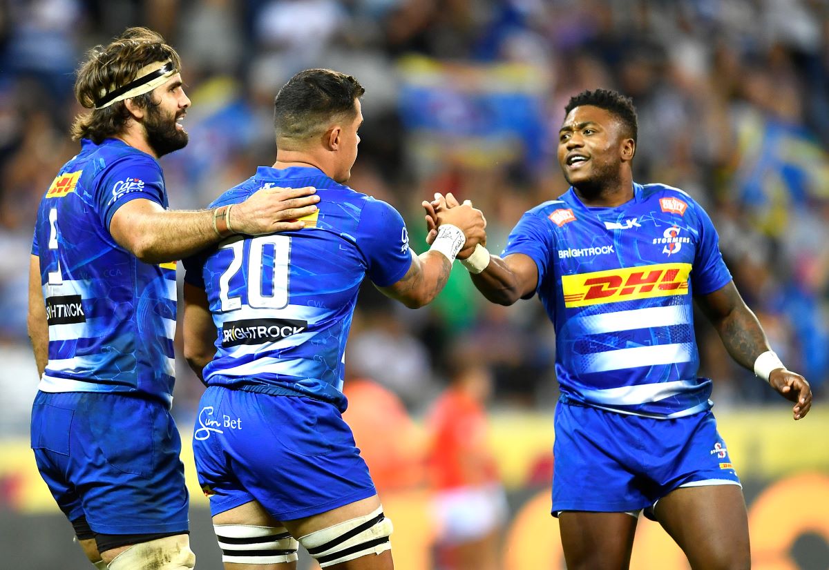 CAPE TOWN, SOUTH AFRICA - APRIL 27: Willie Engelbrecht of the Stormers celebrate after scoring a try during the United Rugby Championship match between DHL Stormers and Leinster at DHL Stadium on April 27, 2024 in Cape Town, South Africa. (Photo by Ashley Vlotman/Gallo Images/Getty Images)