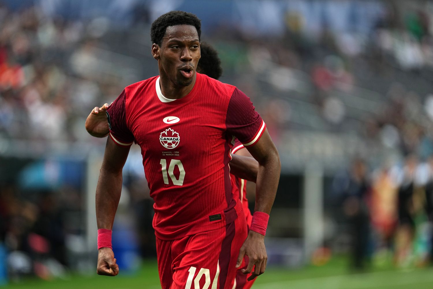 INGLEWOOD, CALIFORNIA - MARCH 23: Jonathan David #10 of Canada celebrates after scoring his team's second goal against the United States during the second half of the CONCACAF Nations League third-place match at SoFi Stadium on March 23, 2025 in Inglewood, California. (Photo by Michael Owens/Getty Images)