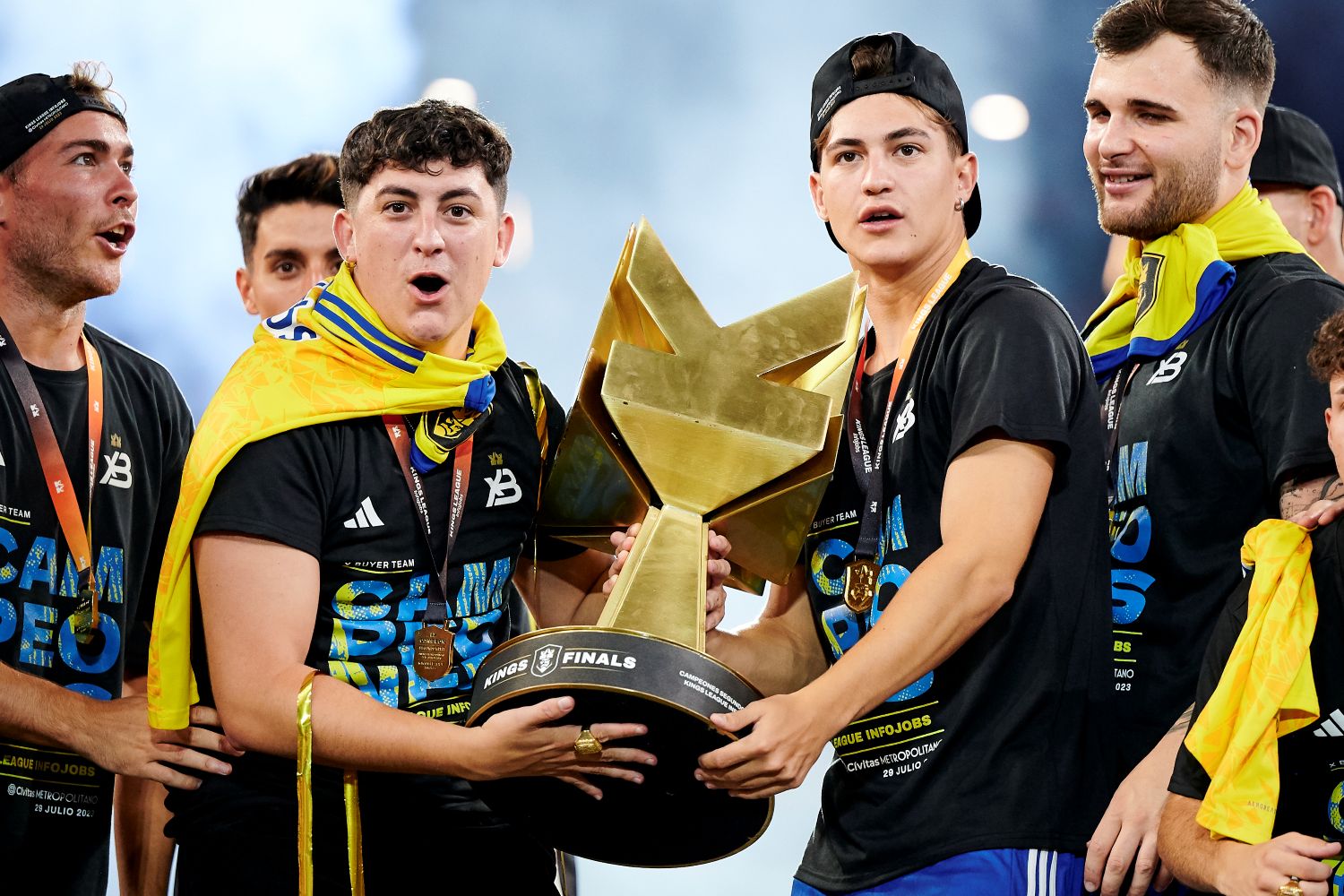 MADRID, SPAIN - JULY 29: Presidents Javi Buyer (L) and Eric Buyer (R) of xBuyer Team during the celebration of the championship of the Kings League at Civitas Metropolitano Stadium on July 29, 2023 in Madrid, Spain. (Photo by Borja B. Hojas/Getty Images)
