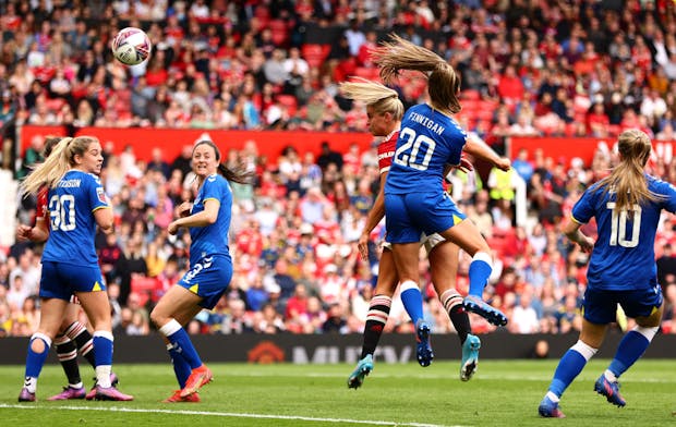 Alessia Russo of Manchester United scores her team's third goal during the FA Women's Super League match against Everton on March 27, 2022 (by Clive Brunskill/Getty Images)