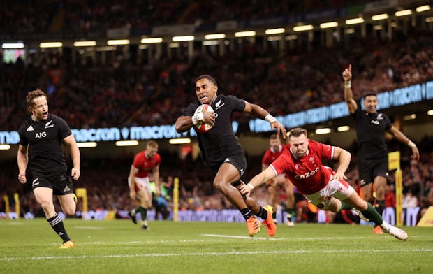 Sevu Reece of New Zealand scores against Wales at the Millennium Stadium in Cardiff. (Photo by Warren Little/Getty Images)