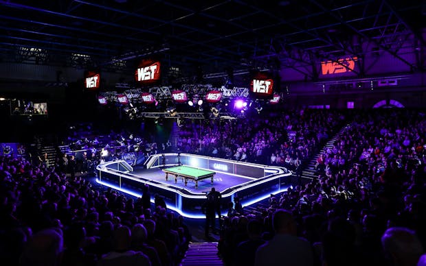 The playing arena at last year's World Snooker Tour Masters in London, displaying the new WST logo.