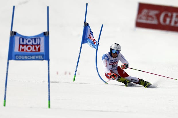 Fadri Janutin of Switzerland at FIS Alpine Ski World Cup Team Parallel on March 18, 2022 in Courchevel (Photo by Christophe Pallot/Agence Zoom/Getty Images)
