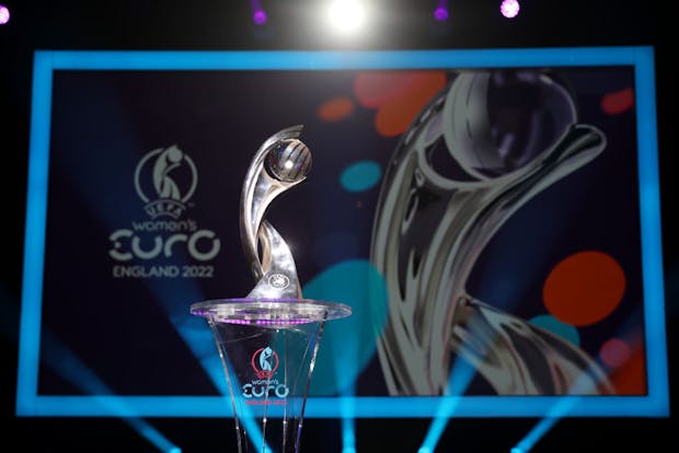 The Uefa Women's Euro trophy is seen during the final draw ceremony on October 28, 2021 (by Naomi Baker/Getty Images)