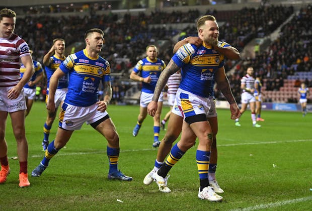 Blake Austin of Leeds during the Betfred Super League match between Wigan Warriors and Leeds Rhinos (Photo by Gareth Copley/Getty Images)