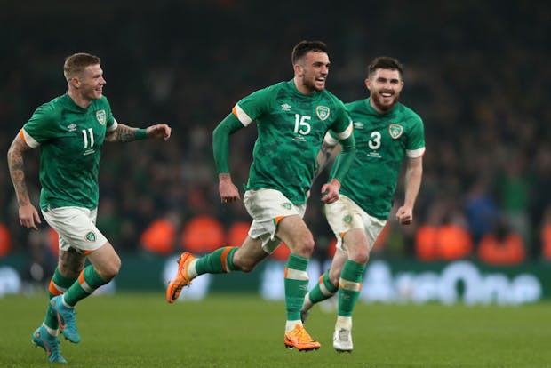 Troy Parrott of Republic of Ireland celebrates after scoring during friendly against Lithuania on March 29, 2022 (by Oisin Keniry/Getty Images)
