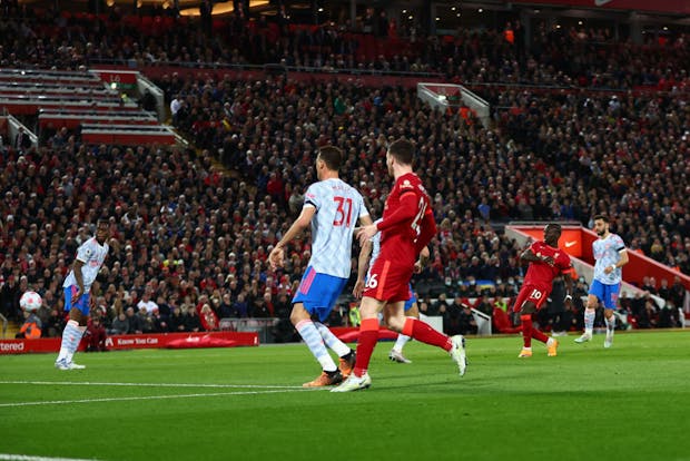 Sadio Mane of Liverpool scoring against Manchester United at Anfield. (Photo by Clive Brunskill/Getty Images)